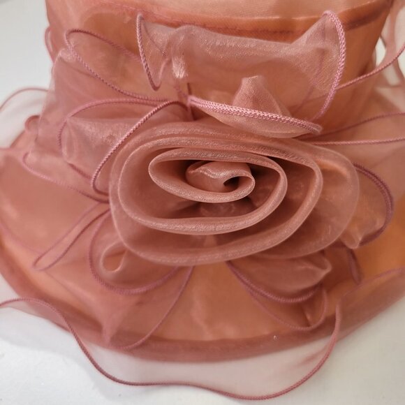 Dusty Rose Dress Hat Pink Organza Packable Ruffles Frilly Wedding Hat - Picture 12 of 15